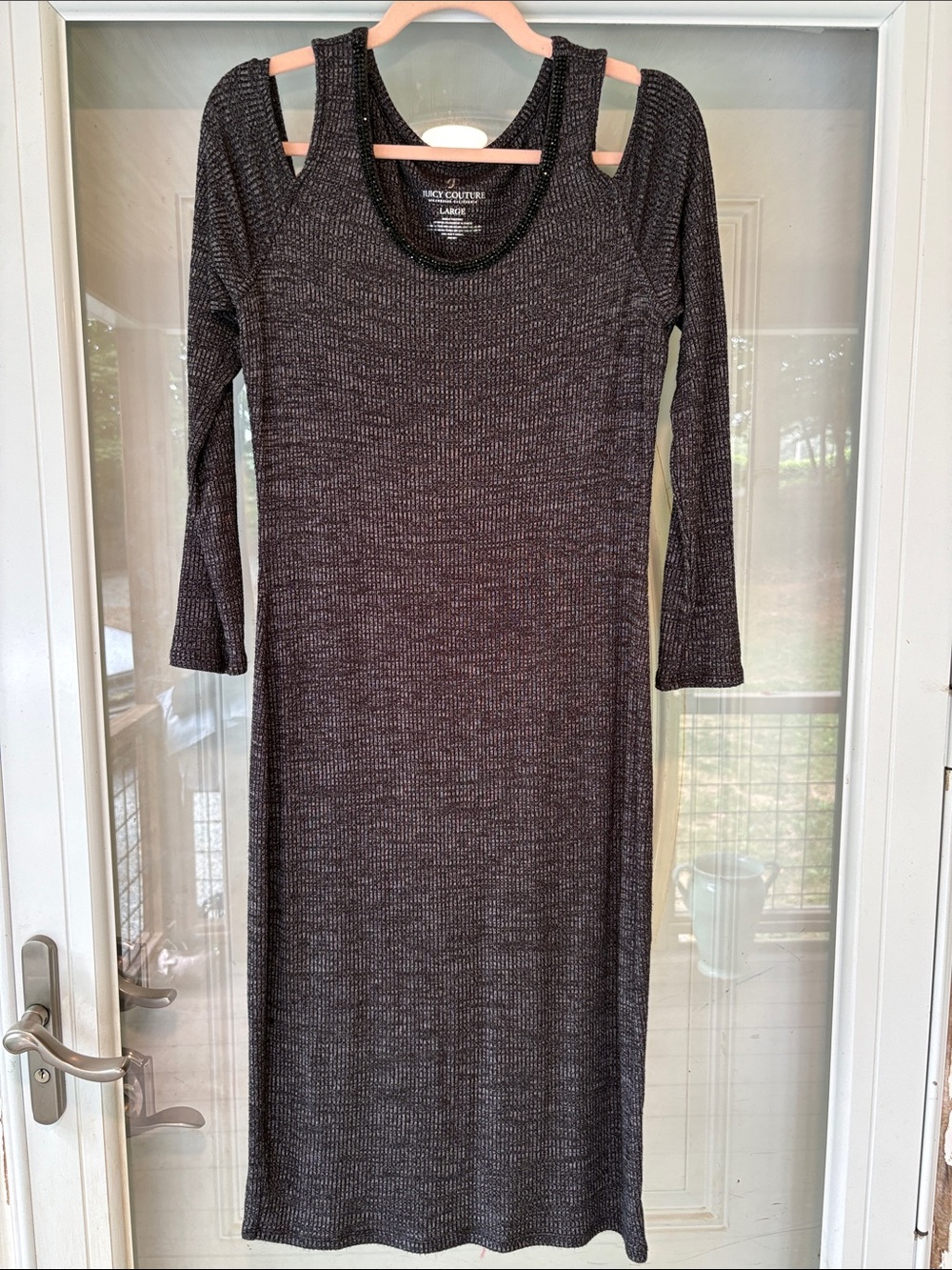 Juicy Couture Black Long-Sleeve Cold-Shoulder Ribbed Maxi Dress